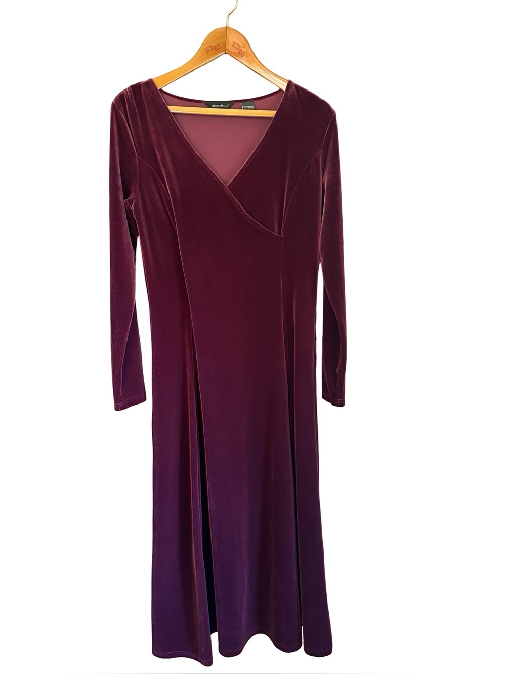 Eddie Bauer Burgundy Velvet Maxi Dress V Empire Waist Stretch Sz M - Picture 1 of 6